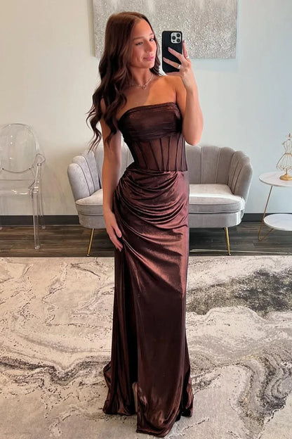 Strapless Mermaid Ruched Brown Floor-Length Prom Dress  P717