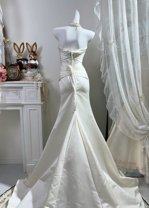 Strapless Mermaid Satin Wedding Dress Ivory Evening Gown   P1840