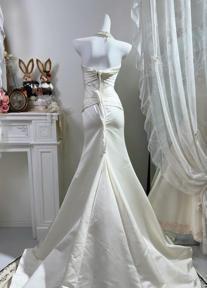 Strapless Mermaid Satin Wedding Dress Ivory Evening Gown   P1840