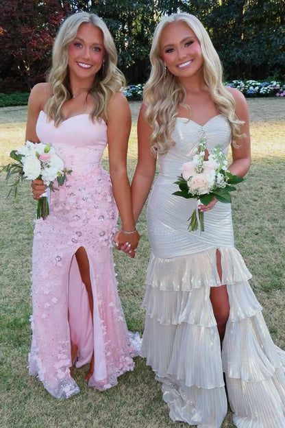 Strapless Metallic Mermaid Ruffles Prom Dress With Slit  P2570