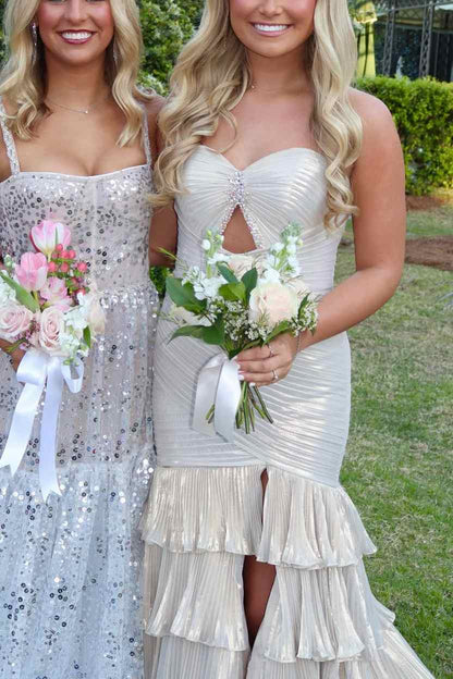 Strapless Metallic Mermaid Ruffles Prom Dress With Slit  P2570