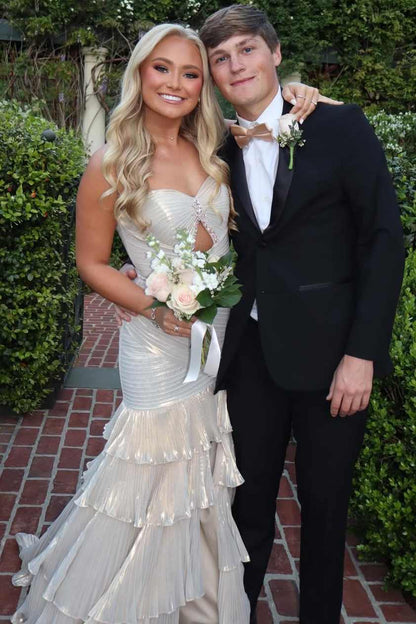 Strapless Metallic Mermaid Ruffles Prom Dress With Slit  P2570