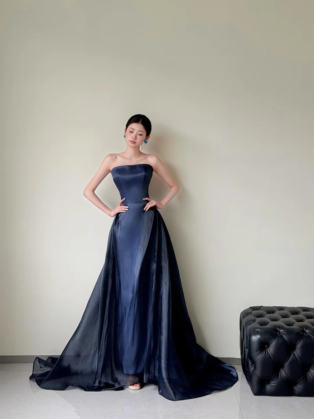 Strapless Navy Blue A Line Prom Dress Formal Wedding Guest Dress  P1714