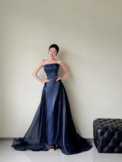 Strapless Navy Blue A Line Prom Dress Formal Wedding Guest Dress  P1714