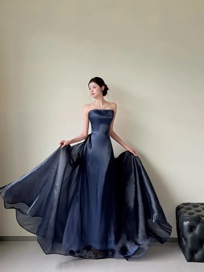 Strapless Navy Blue A Line Prom Dress Formal Wedding Guest Dress  P1714
