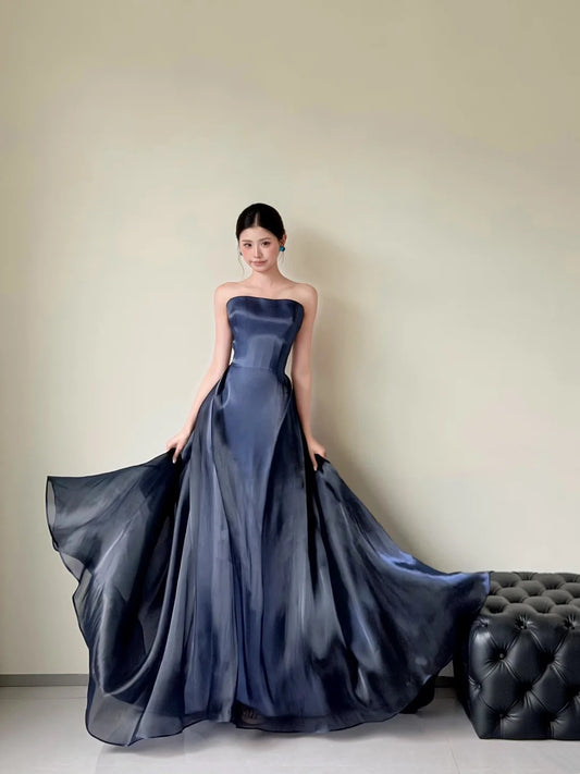 Strapless Navy Blue A Line Prom Dress Formal Wedding Guest Dress  P1714