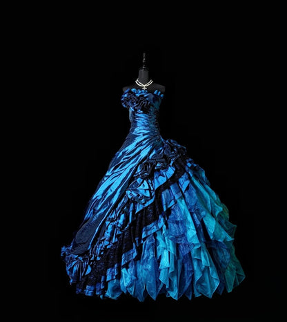 Strapless Navy Blue Ball Gown Birthday Dress Ruffled Sweet 16 Dress   P1774