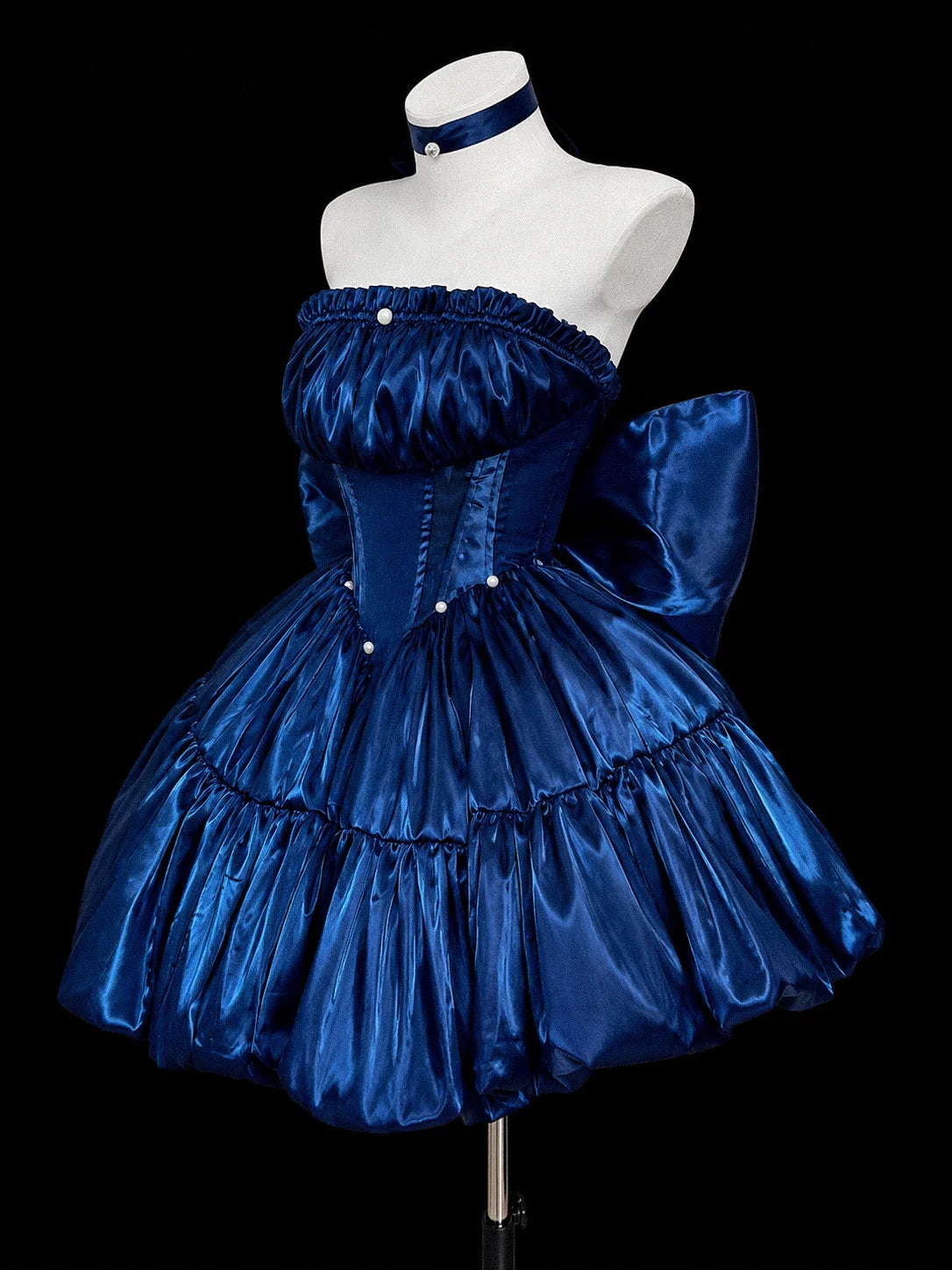 Strapless Navy Blue Birthday Dress A Line Homecoming Dress With Bow Knot  P1916