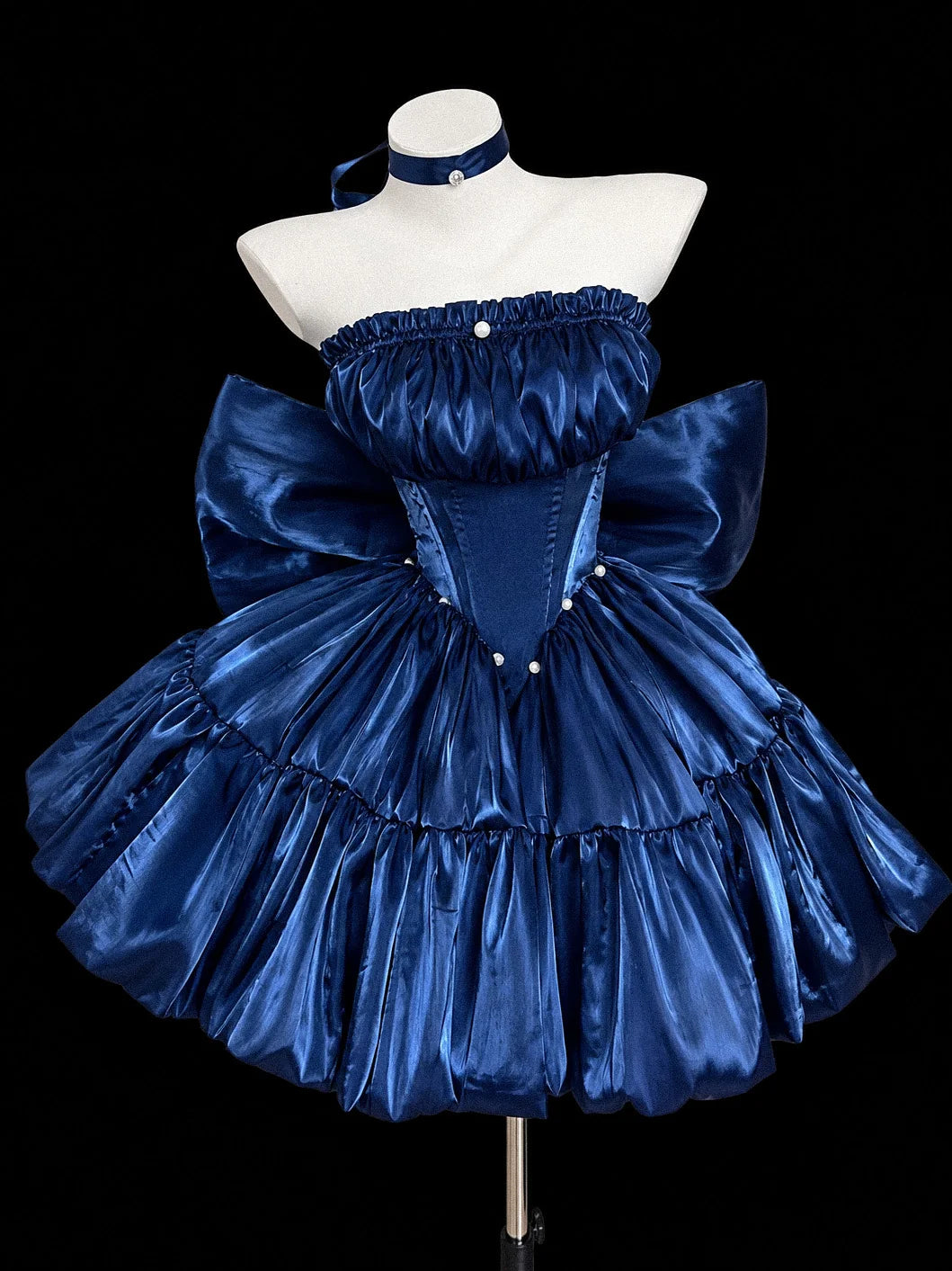 Strapless Navy Blue Birthday Dress A Line Homecoming Dress With Bow Knot  P1916