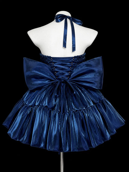 Strapless Navy Blue Birthday Dress A Line Homecoming Dress With Bow Knot  P1916