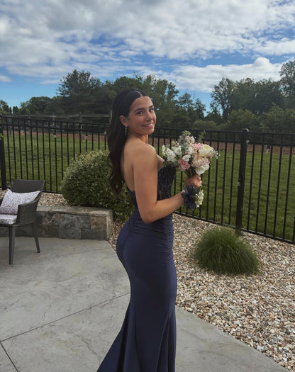 Strapless Navy Blue Mermaid Prom Dress Satin Evening Dress  P1582