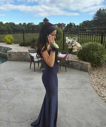 Strapless Navy Blue Mermaid Prom Dress Satin Evening Dress  P1582
