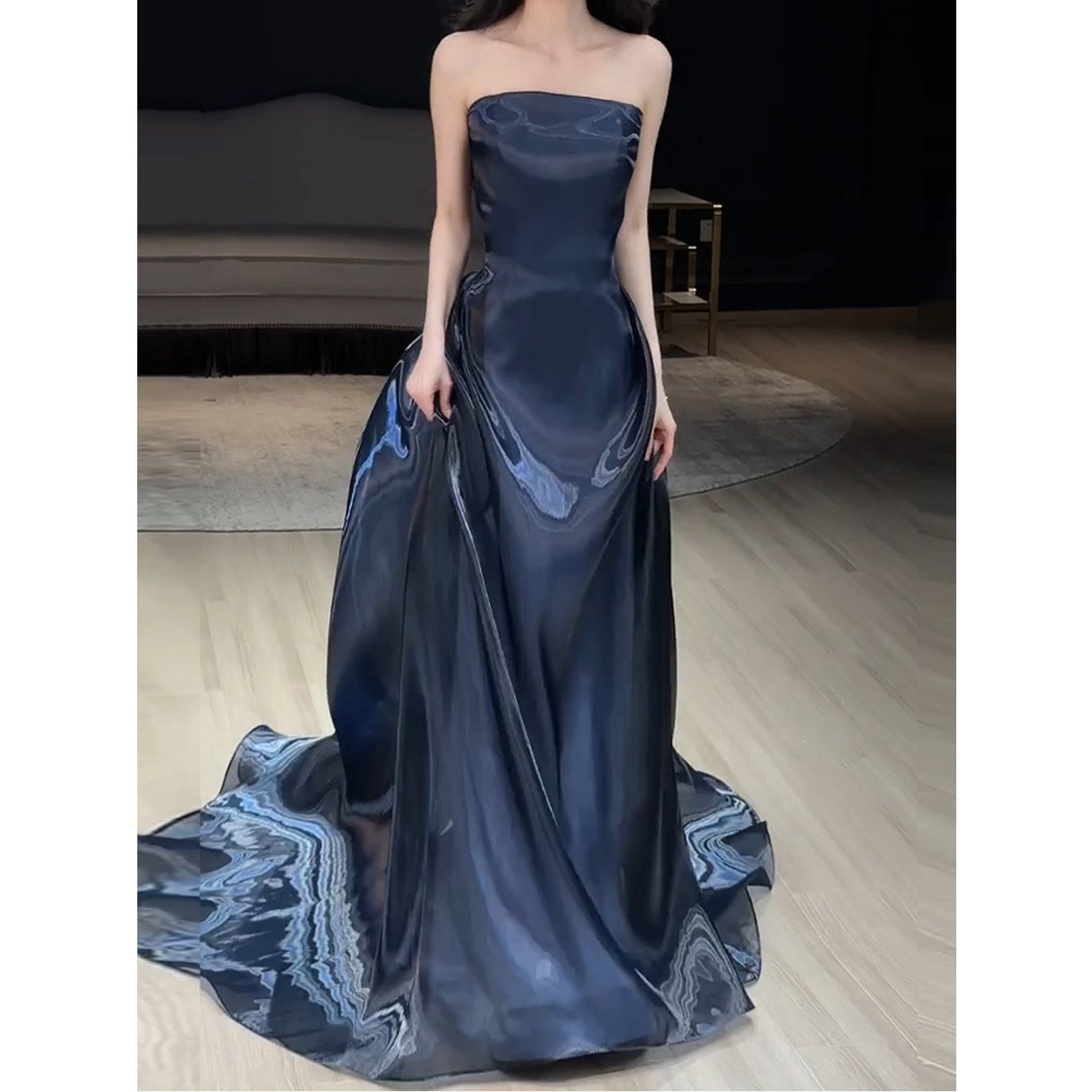 Strapless Navy Blue Mermaid Prom Dress with Trail  P1111