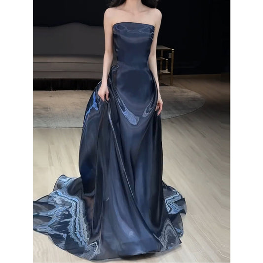 Strapless Navy Blue Mermaid Prom Dress with Trail  P1111