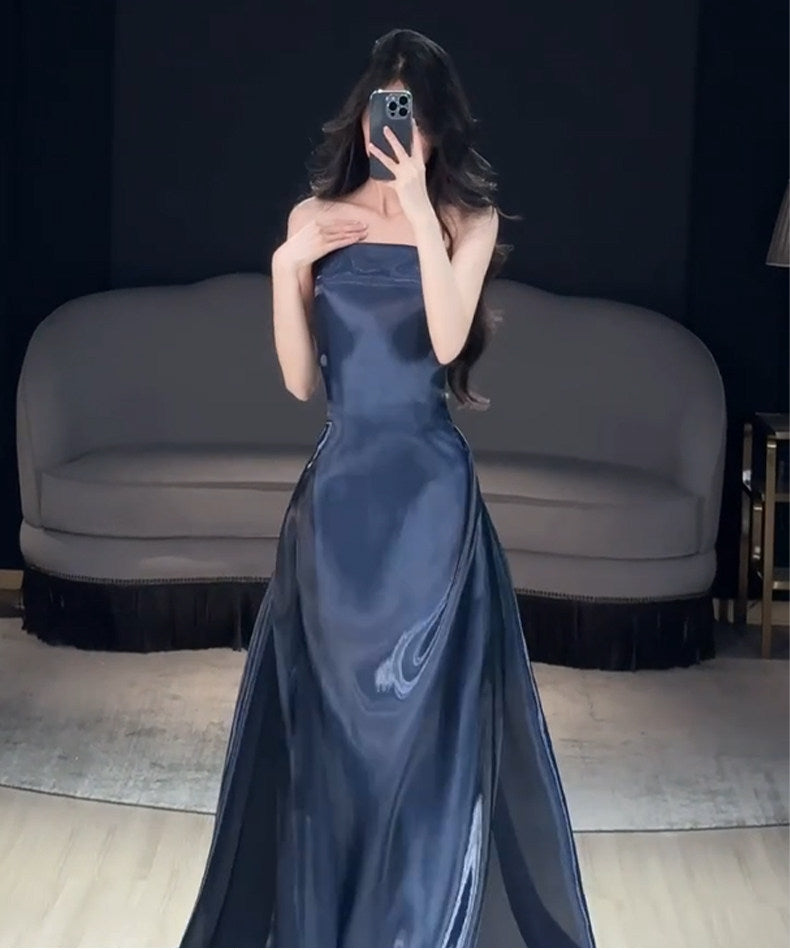 Strapless Navy Blue Mermaid Prom Dress with Trail  P1111
