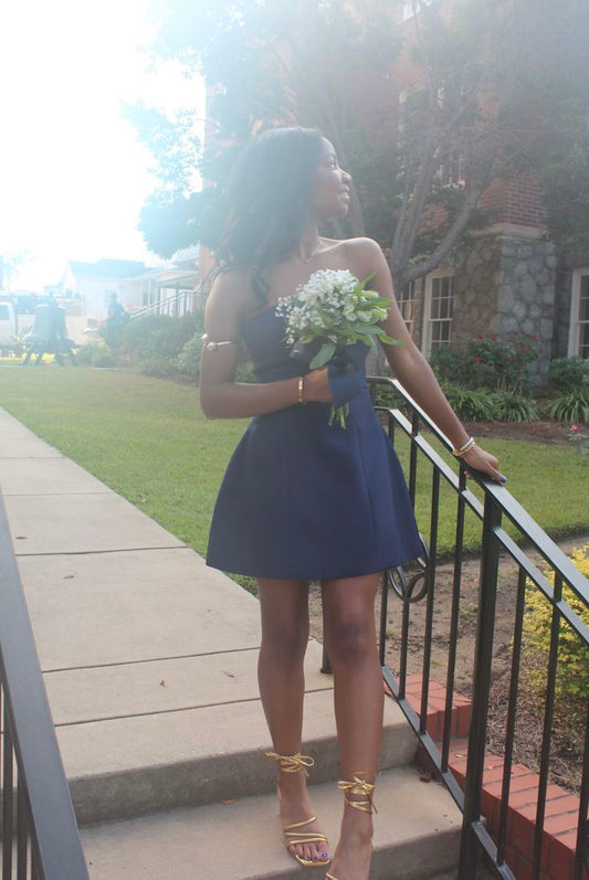 Strapless Navy Blue Satin Homecoming Dress  P1500