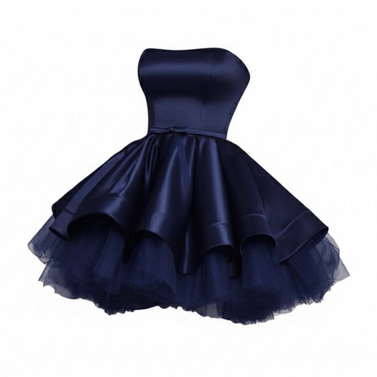 Strapless Navy Blue Satin Short Homecoming Dress  P1575