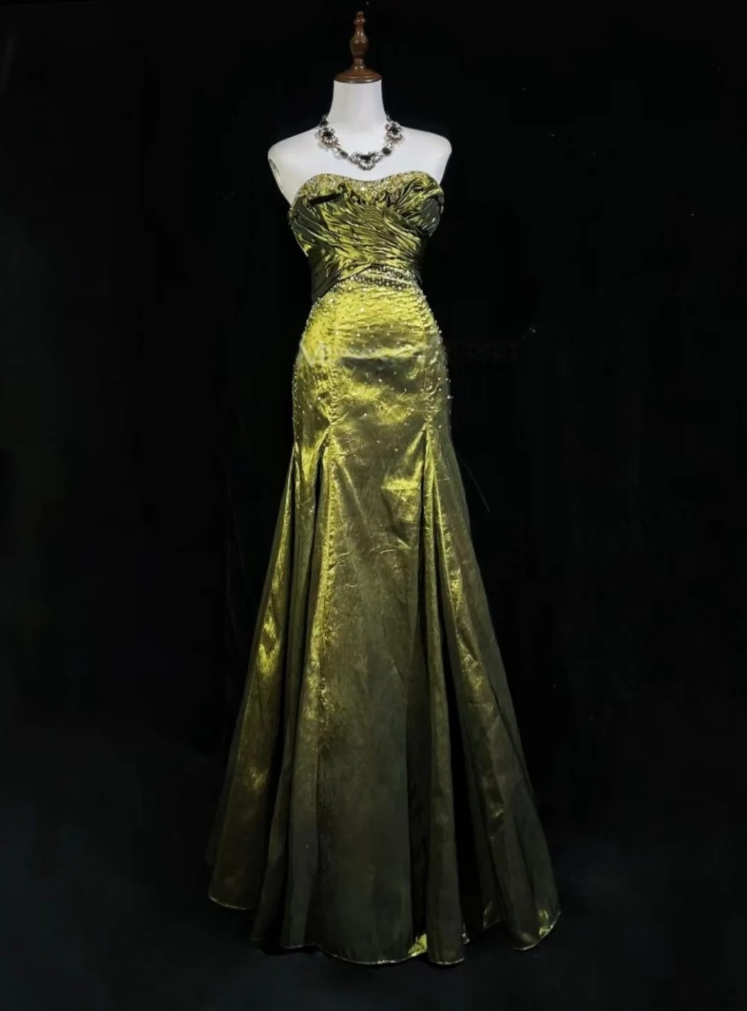 Strapless Olive Green Mermaid Prom Dress Retro Beaded Evening Gown  P1676