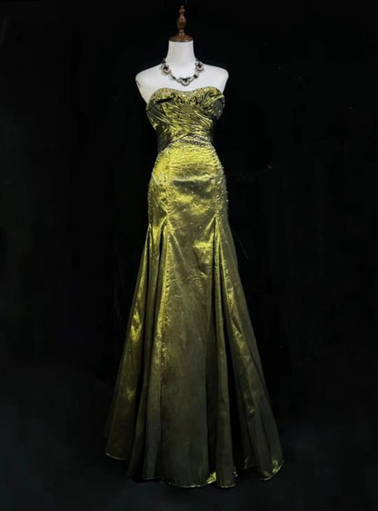 Strapless Olive Green Mermaid Prom Dress Retro Beaded Evening Gown  P1676