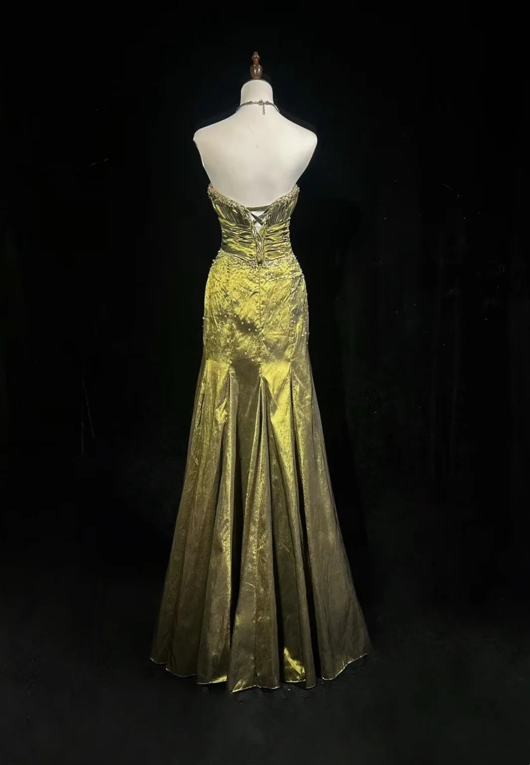 Strapless Olive Green Mermaid Prom Dress Retro Beaded Evening Gown  P1676