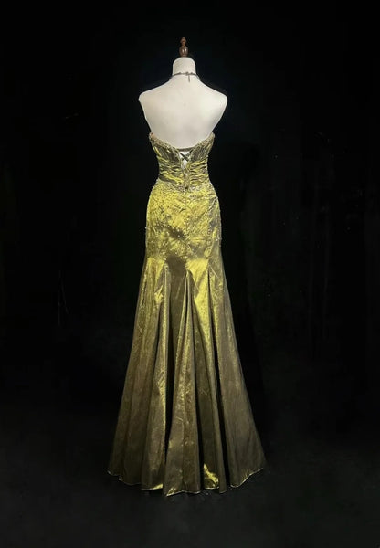 Strapless Olive Green Mermaid Prom Dress Retro Beaded Evening Gown  P1676