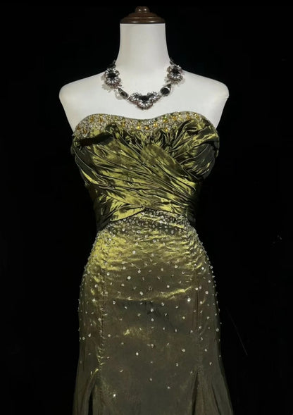 Strapless Olive Green Mermaid Prom Dress Retro Beaded Evening Gown  P1676