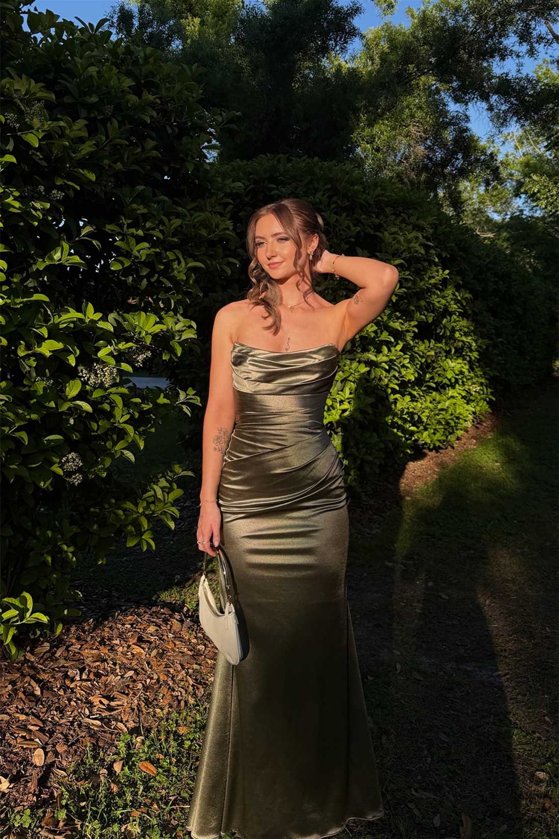 Strapless Olive Green Pleated Mermaid Long Prom Dress  P2545
