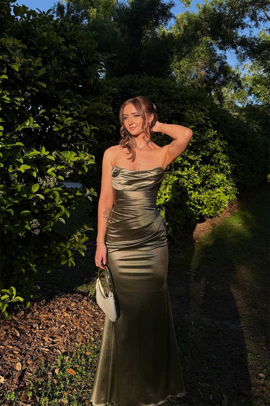 Strapless Olive Green Pleated Mermaid Long Prom Dress  P2545