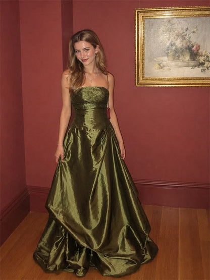 Strapless Olive Green Retro Formal Prom Dress Evening Gown  P2681