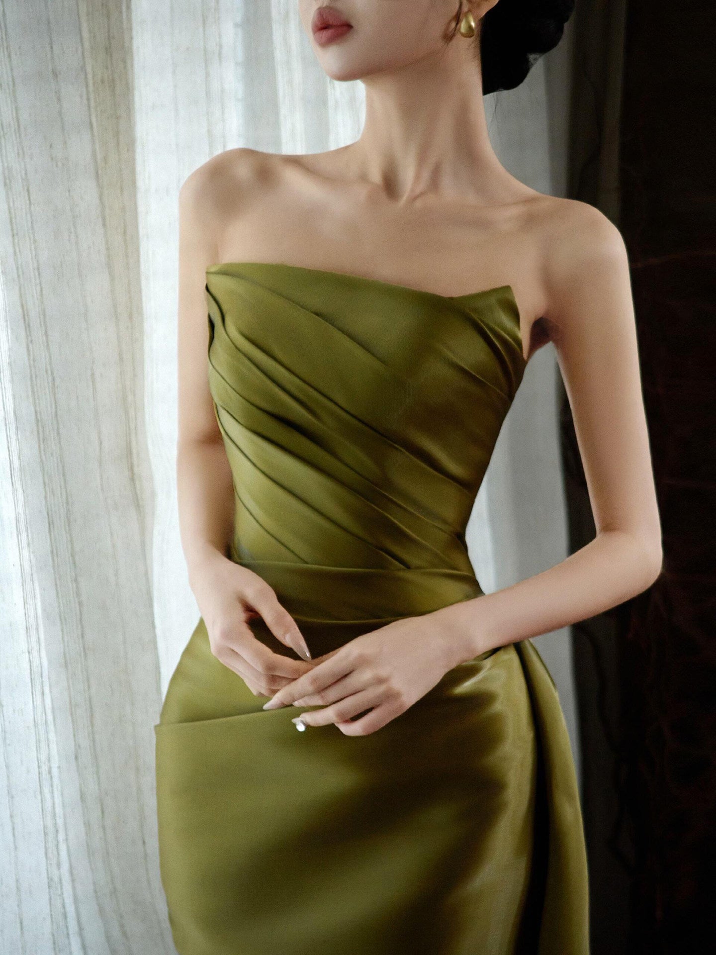 Strapless Olive Green Satin Prom Dress A Line Formal Evening Gown  P783