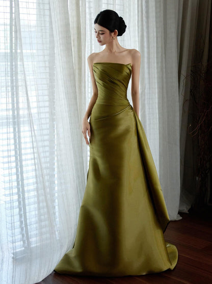 Strapless Olive Green Satin Prom Dress A Line Formal Evening Gown  P783