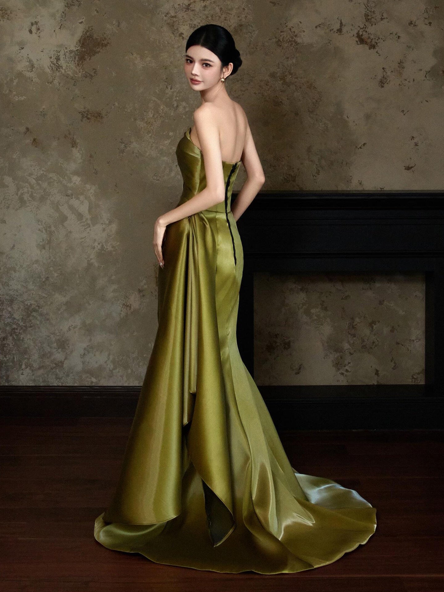 Strapless Olive Green Satin Prom Dress A Line Formal Evening Gown  P783