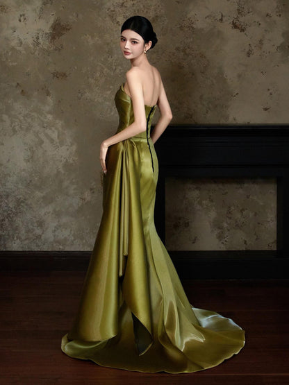 Strapless Olive Green Satin Prom Dress A Line Formal Evening Gown  P783