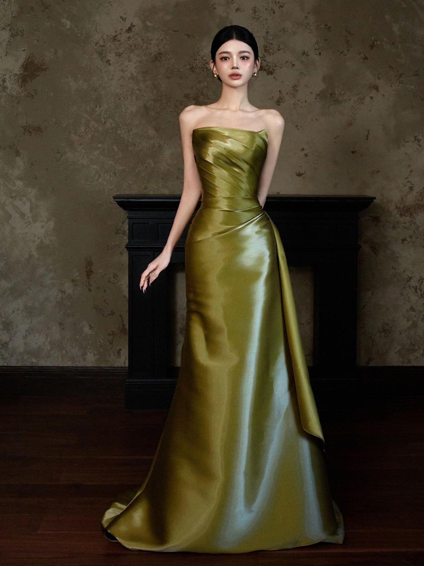Strapless Olive Green Satin Prom Dress A Line Formal Evening Gown  P783