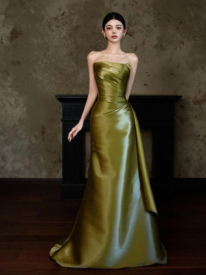 Strapless Olive Green Satin Prom Dress A Line Formal Evening Gown  P783