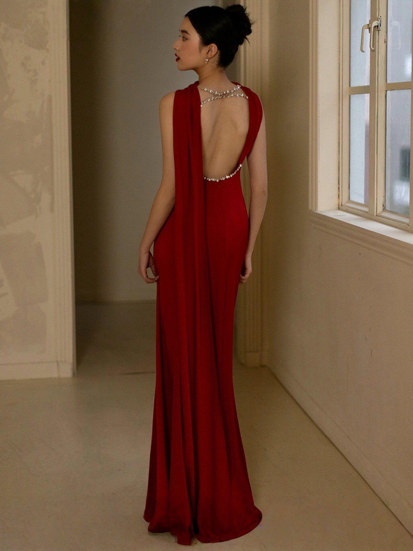 Strapless Open Back Red Mermaid Prom Dress With Slit  P1112