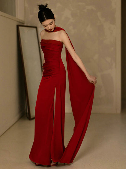 Strapless Open Back Red Mermaid Prom Dress With Slit  P1112
