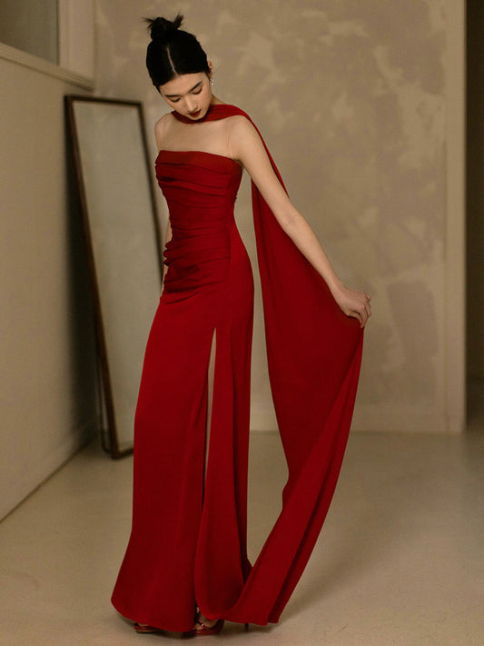 Strapless Open Back Red Mermaid Prom Dress With Slit  P1112
