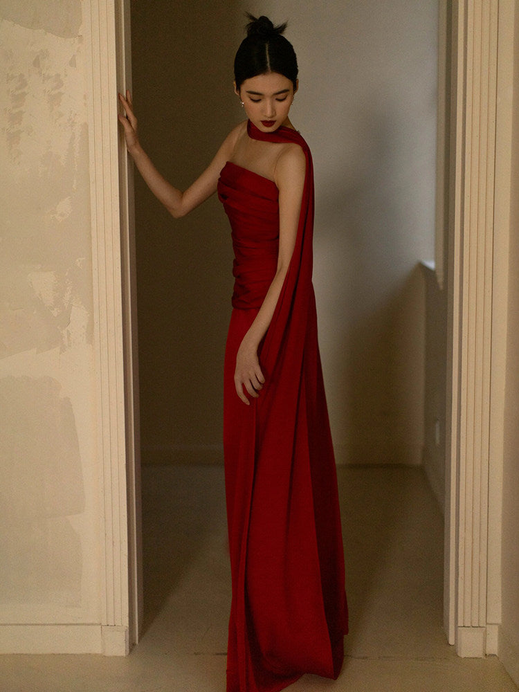 Strapless Open Back Red Mermaid Prom Dress With Slit  P1112
