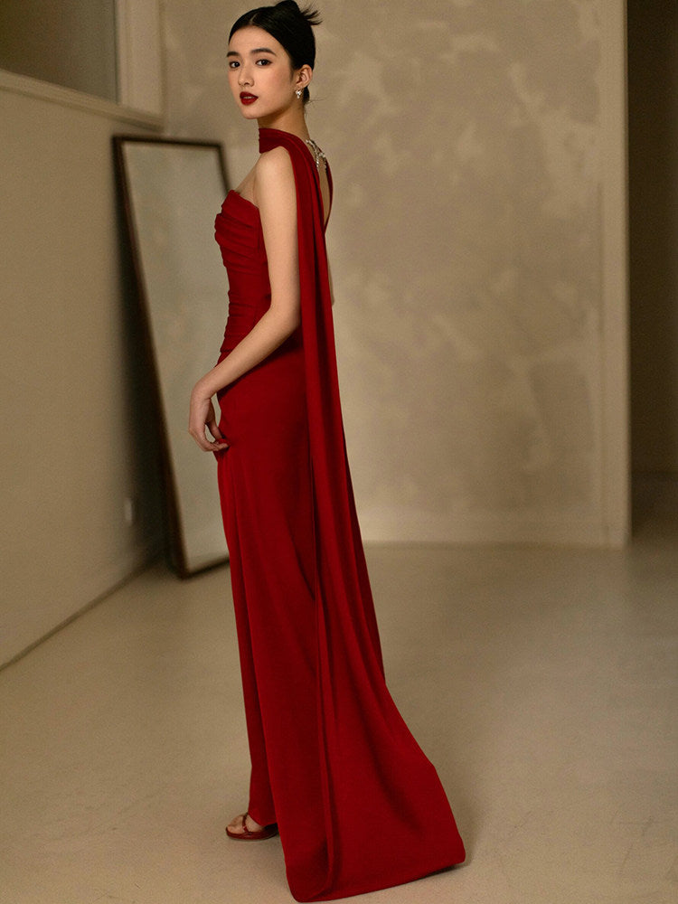 Strapless Open Back Red Mermaid Prom Dress With Slit  P1112