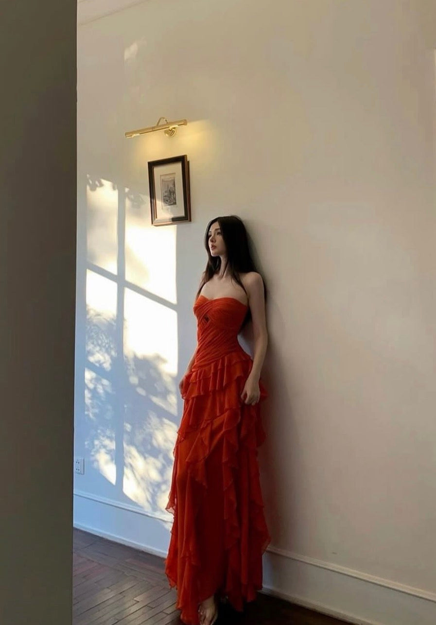 Strapless Orange Ruffled Wedding Guest Dress Chiffon Formal Dress  P1590