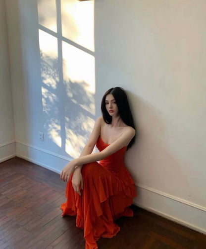 Strapless Orange Ruffled Wedding Guest Dress Chiffon Formal Dress  P1590