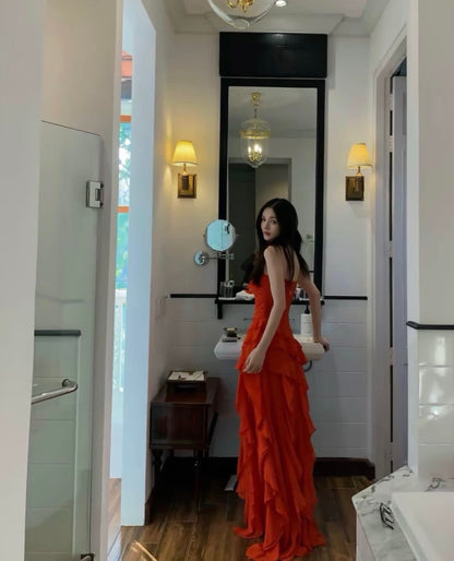 Strapless Orange Ruffled Wedding Guest Dress Chiffon Formal Dress  P1590