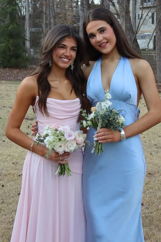 Strapless Pink A-Line Long Prom Dress Formal Wedding Guest Dress  P1158