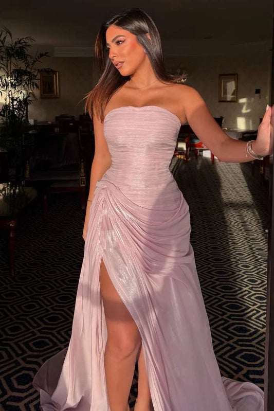Strapless Pink A-Line Pleated High Slit Long Prom Dress  P2448