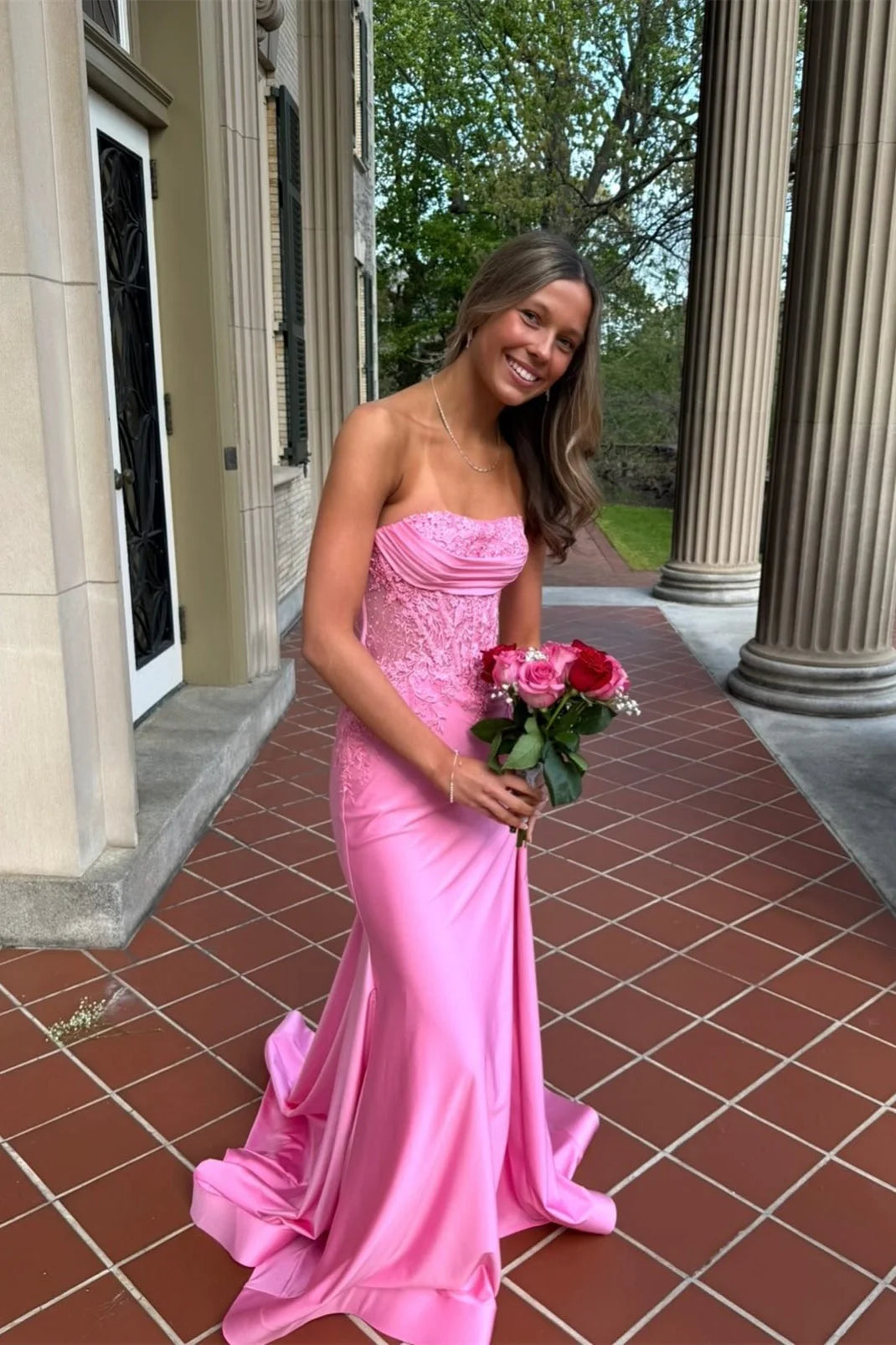 Strapless Pink Appliques Mermaid Long Prom Dress  P2491