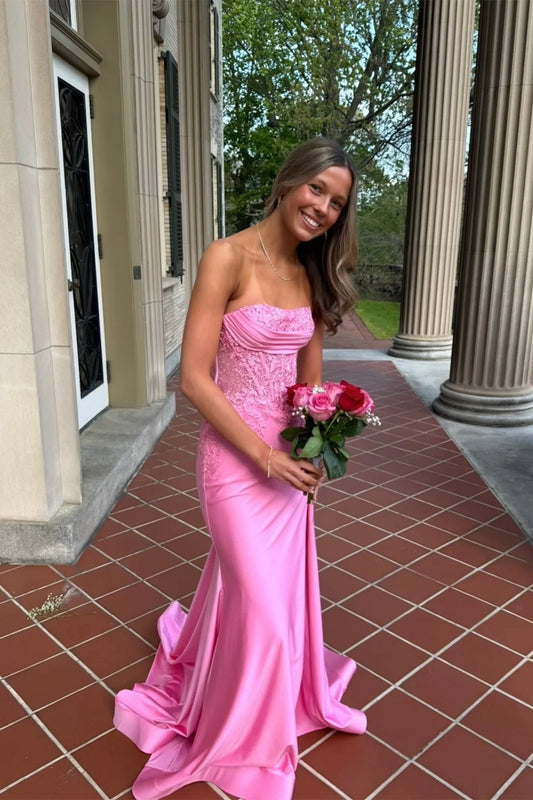 Strapless Pink Appliques Mermaid Long Prom Dress  P2491