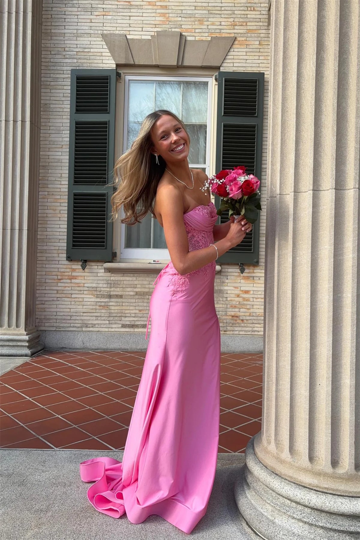 Strapless Pink Appliques Mermaid Long Prom Dress  P2491