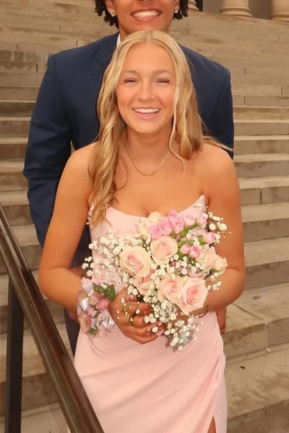 Strapless Pink Chiffon Formal Prom Dress With Slit  P2534