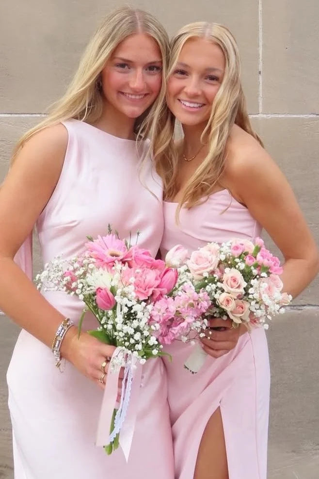Strapless Pink Chiffon Formal Prom Dress With Slit  P2534